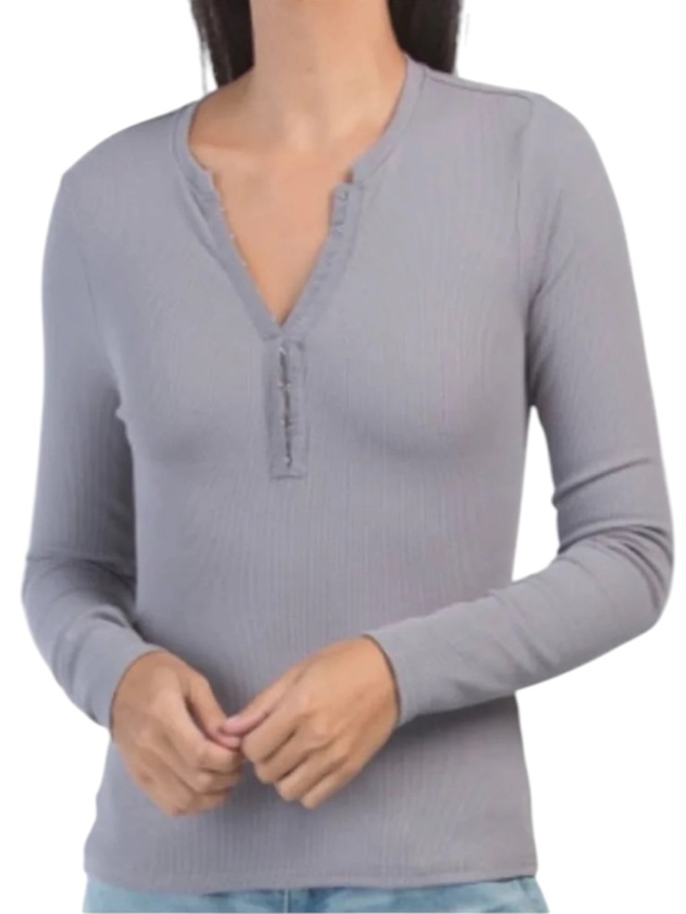 7 For All Mankind Ribbed Henley Gray Long Sleeve Top Women’s Size Medium